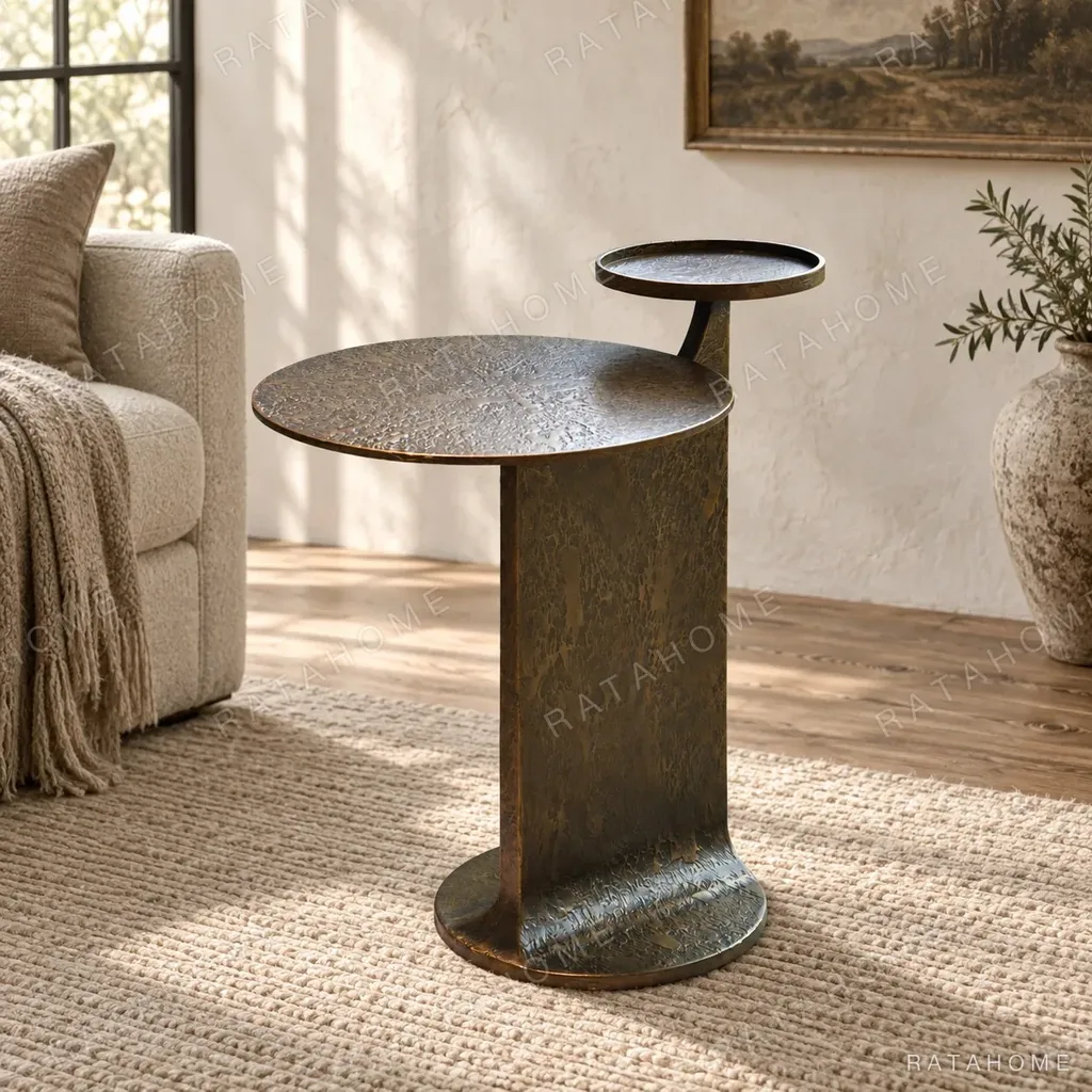 Hand-Forged Bronze Two-Tier Side Table in bronze — in a room setting
