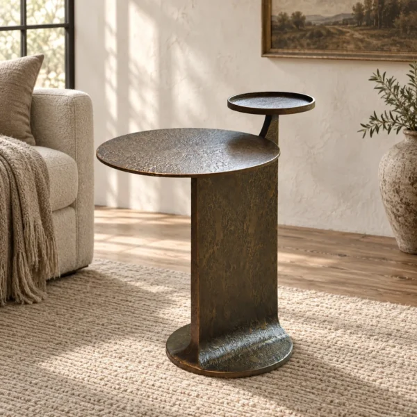 Hand-Forged Bronze Two-Tier Side Table in bronze — in a room setting