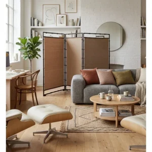Semi-Translucent Bamboo Three-Panel Folding Screen in clay — front view