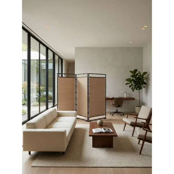 Semi-Translucent Bamboo Three-Panel Folding Screen in clay — in a room setting