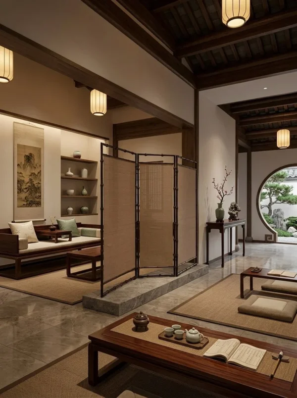 Semi-Translucent Bamboo Three-Panel Folding Screen in clay — in a room setting