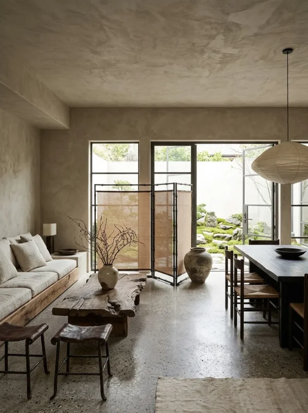 Semi-Translucent Bamboo Three-Panel Folding Screen in clay — in a room setting