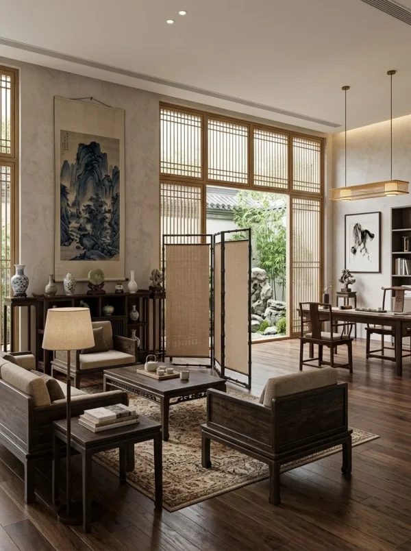 Semi-Translucent Bamboo Three-Panel Folding Screen in clay — in a room setting