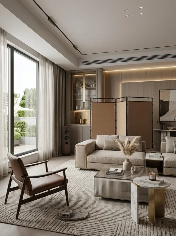 Semi-Translucent Bamboo Three-Panel Folding Screen in clay — in a room setting