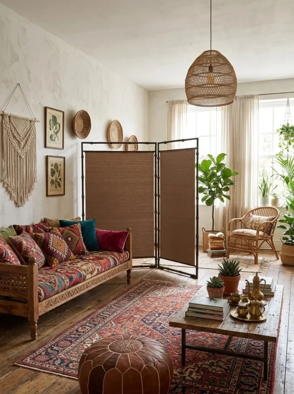Semi-Translucent Bamboo Three-Panel Folding Screen in clay — in a room setting