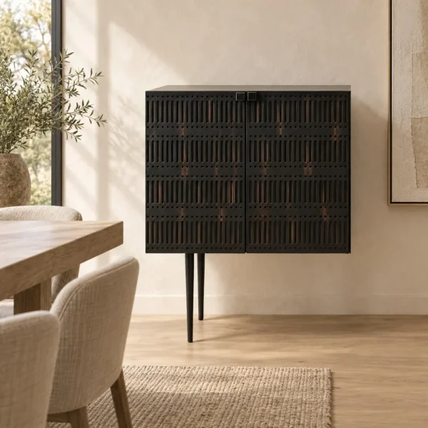 Dark Cloud Perforated Cabinet on Tall Black Legs in black — in a room setting