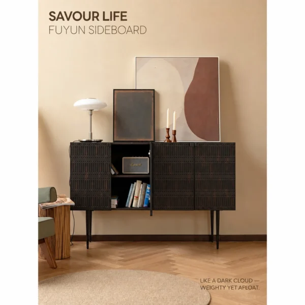 Dark Cloud Perforated Cabinet on Tall Black Legs in black — in a room setting