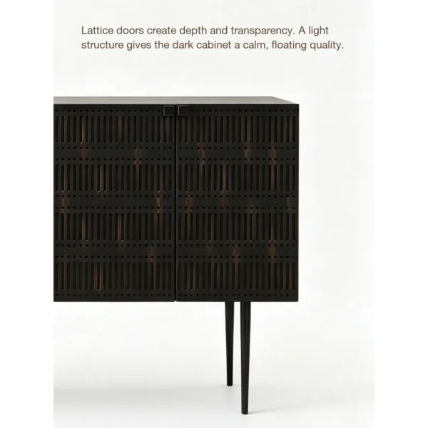 Dark Cloud Perforated Cabinet on Tall Black Legs in black — in a room setting