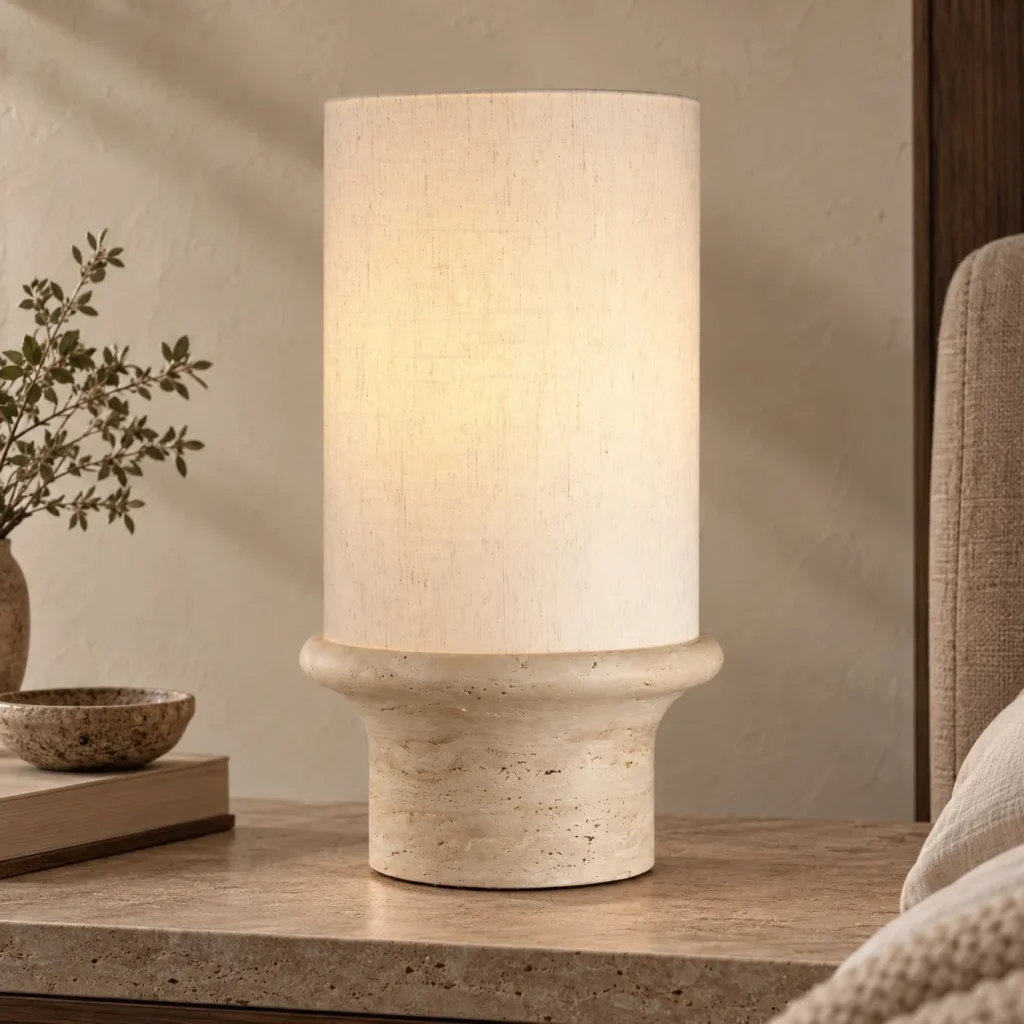 Travertine Base Table Lamp with Tall Linen Cylinder Shade in oatmeal — front view