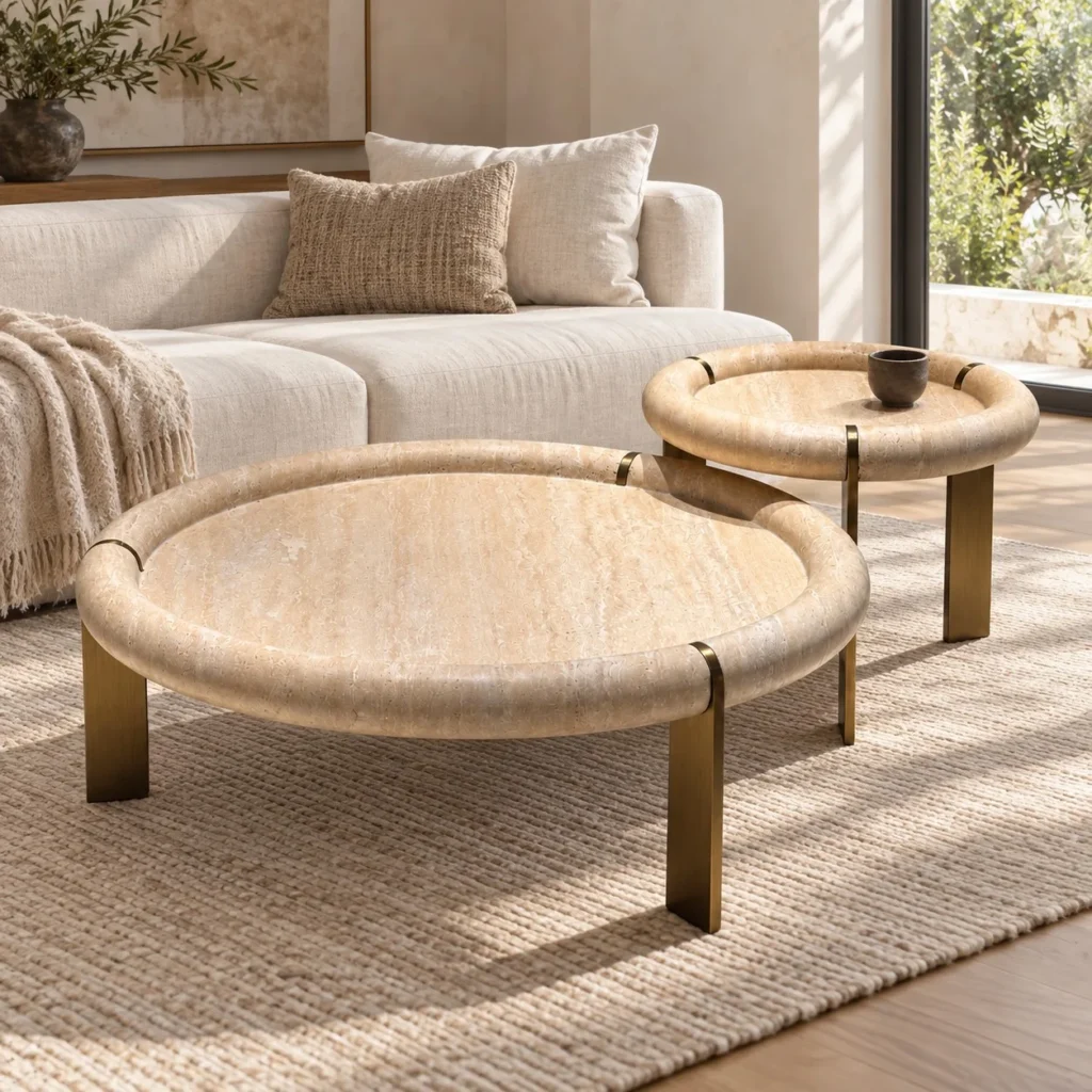 Round Travertine Tray Coffee Table Set on Brass Legs in sand — front view
