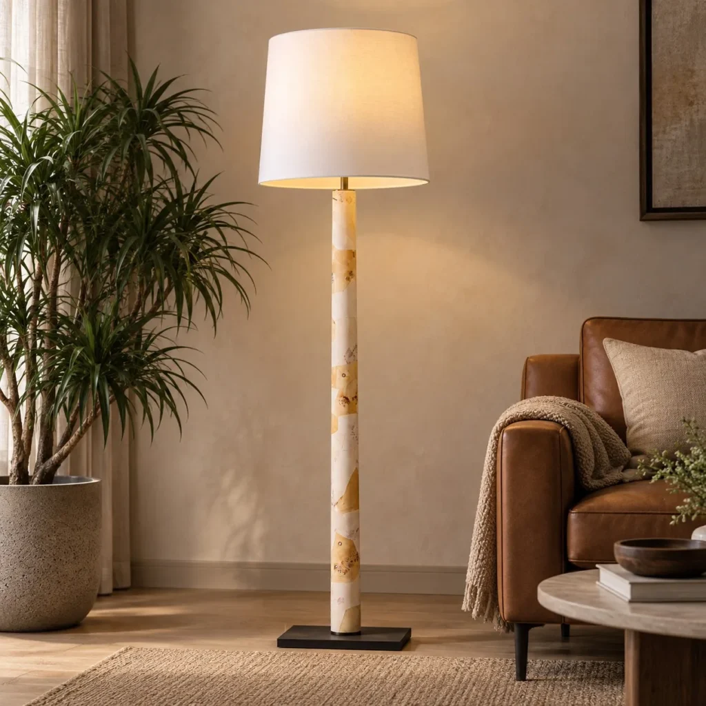 Travertine Column Floor Lamp with Fabric Shade in sand — front view
