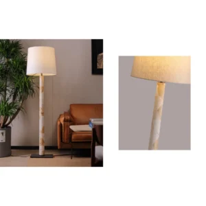 Travertine Column Floor Lamp with Fabric Shade in sand — in a room setting