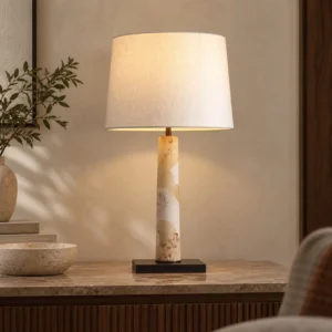 Travertine Column Table Lamp with Linen Drum Shade in sand — front view