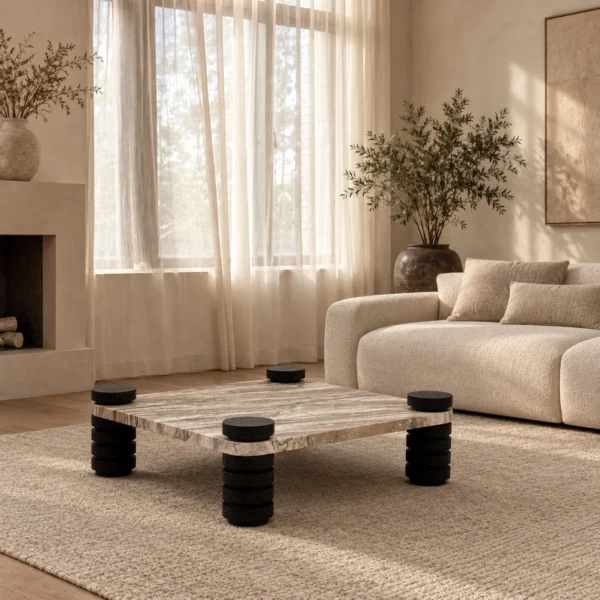 Square Travertine Coffee Table on Stacked Black Stone Legs in sand — in a room setting