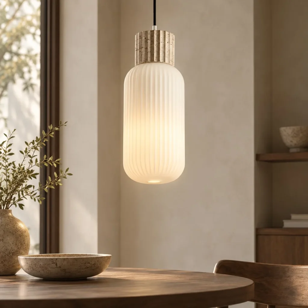 Travertine Cap Ribbed Milk Glass Cylinder Pendant Light in ivory — front view