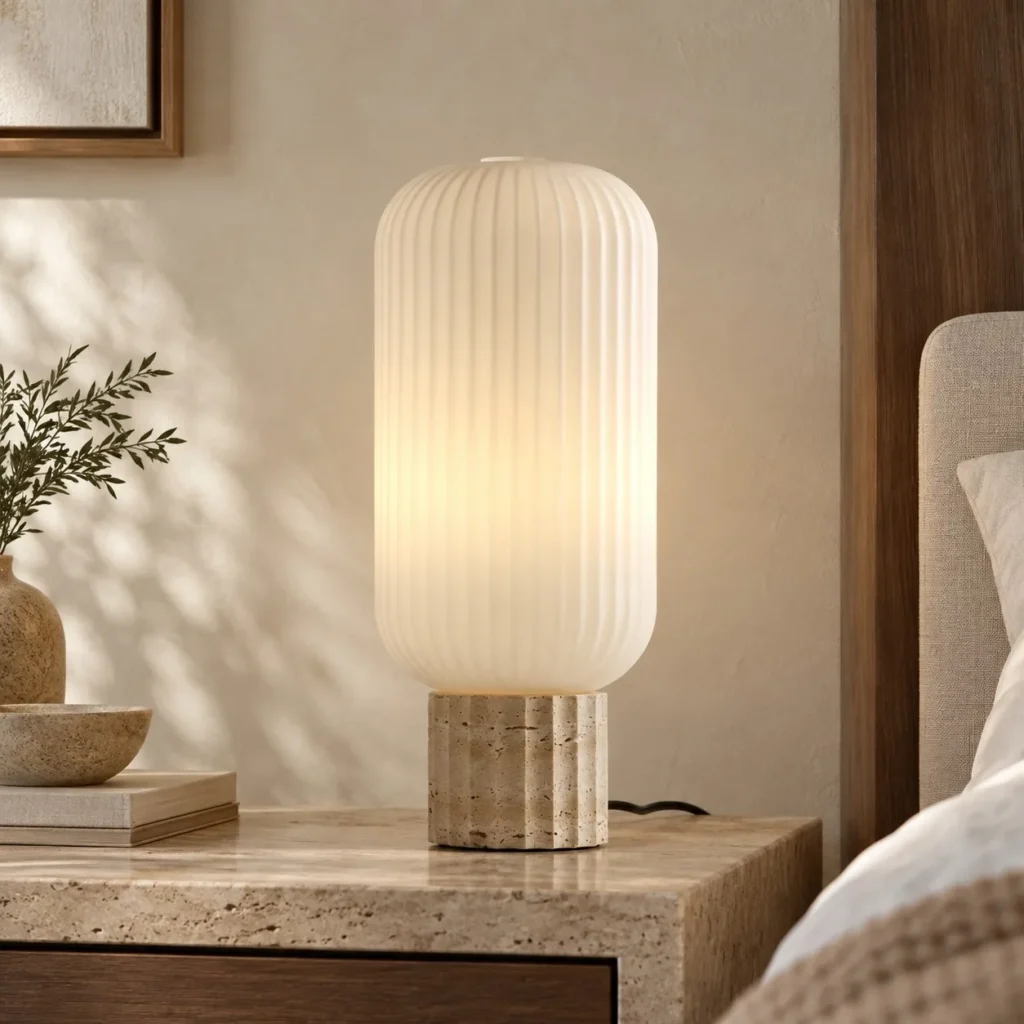 Travertine Column Table Lamp with Ribbed Opal Cylinder Shade in oatmeal — front view