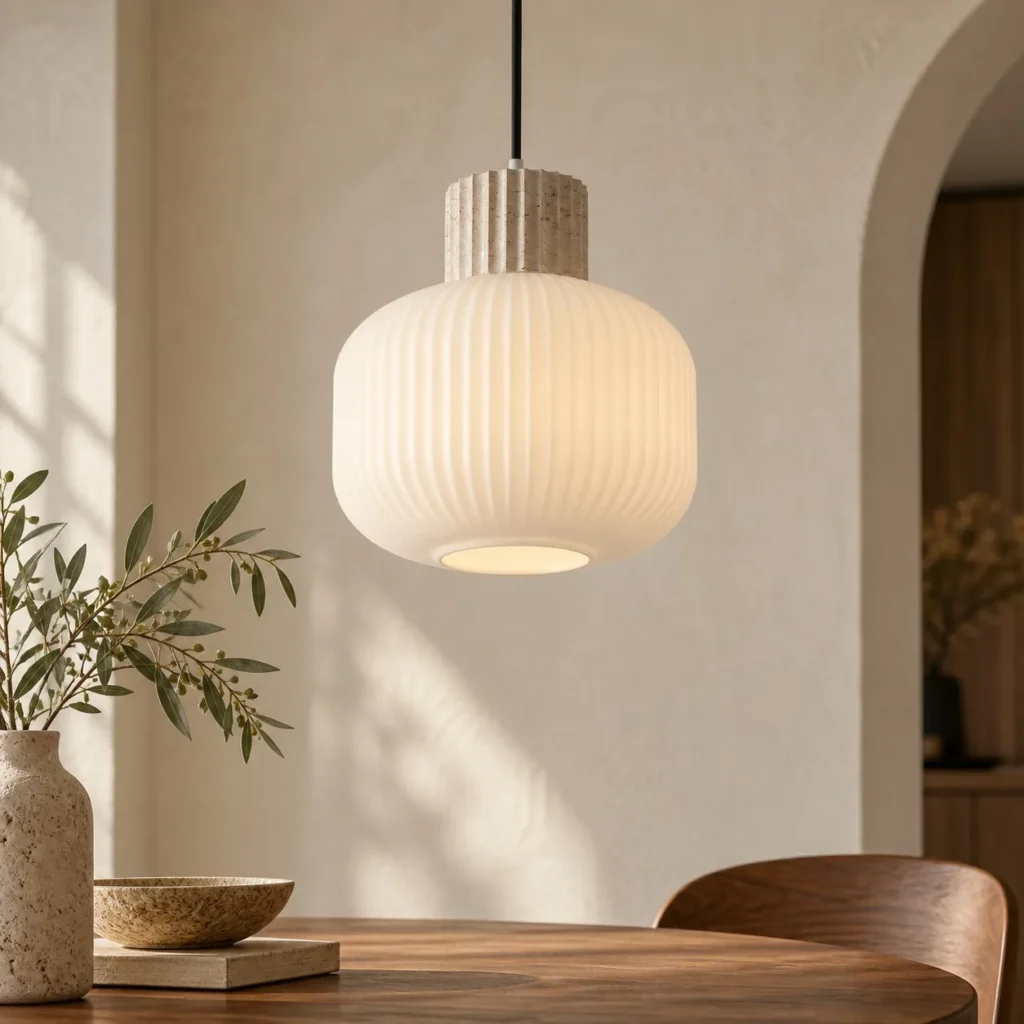 Travertine Cap Ribbed Milk Glass Globe Pendant Light, 30 cm in ivory — front view