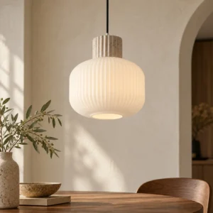 Travertine Cap Ribbed Milk Glass Globe Pendant Light, 30 cm in ivory — front view