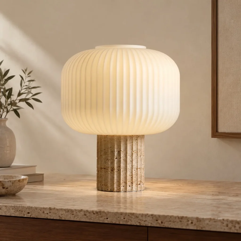 Travertine Column Table Lamp with Ribbed Opal Globe Shade in oatmeal — front view