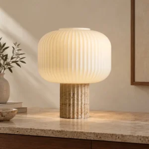 Travertine Column Table Lamp with Ribbed Opal Globe Shade in oatmeal — front view