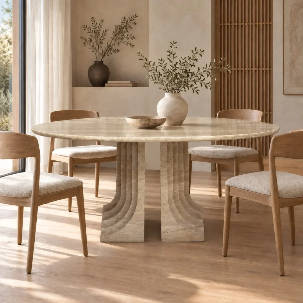Travertine Round Dining Table on Stepped Arch Base in oatmeal — front view