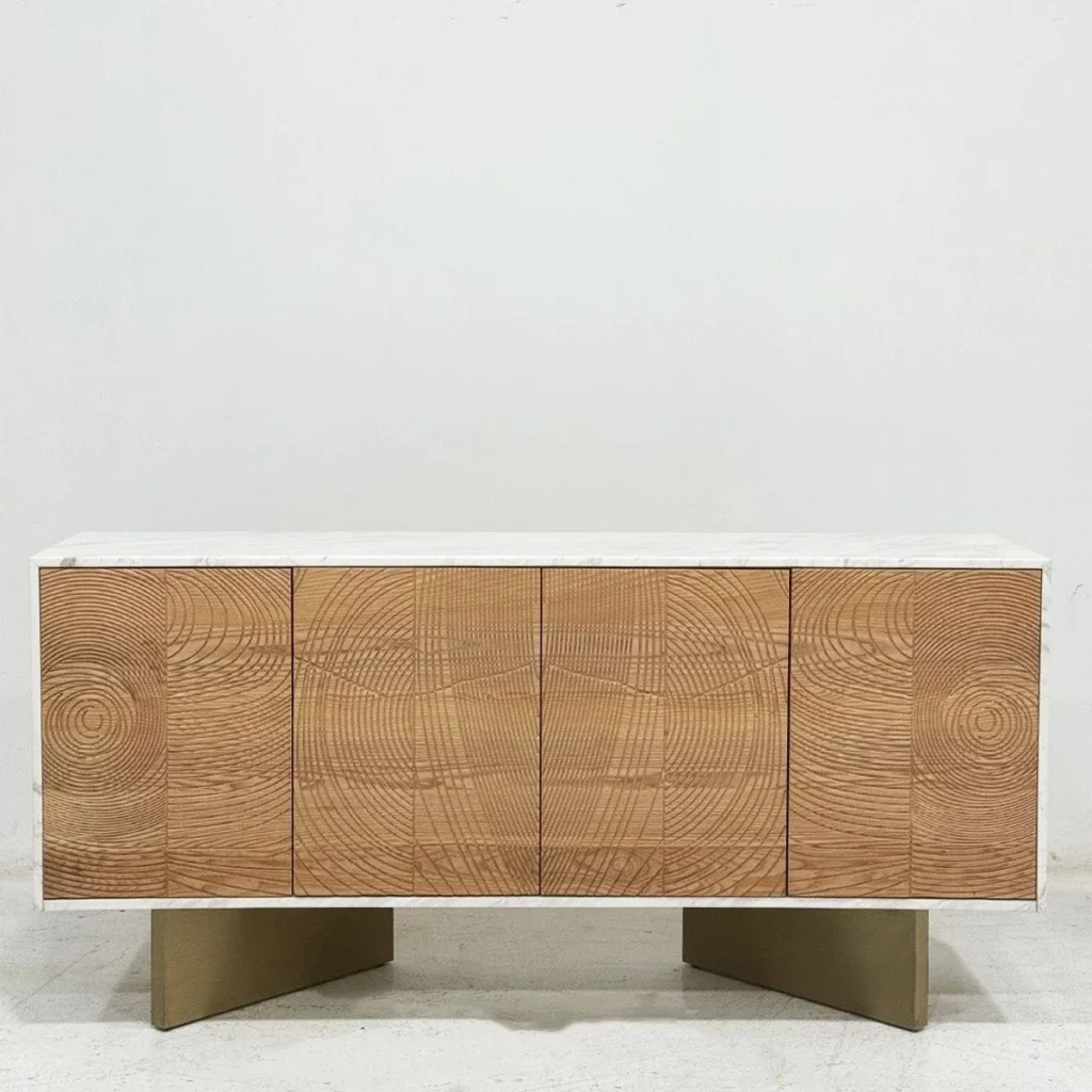 Tree-Ring Carved Sideboard with Marble Top on Brass Base in natural oak — front view