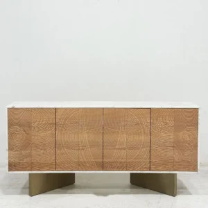 Tree-Ring Carved Sideboard with Marble Top on Brass Base — front view