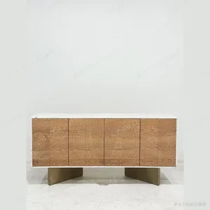 Tree-Ring Carved Sideboard with Marble Top on Brass Base in natural oak — in a room setting