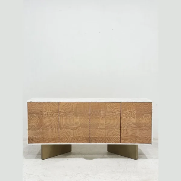 Tree-Ring Carved Sideboard with Marble Top on Brass Base in natural oak — in a room setting