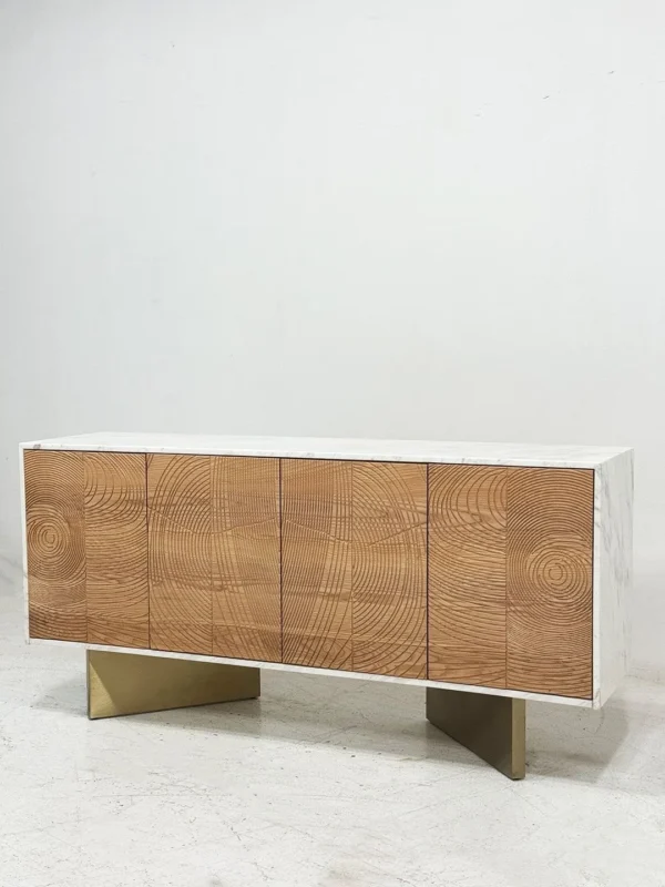 Tree-Ring Carved Sideboard with Marble Top on Brass Base in natural oak — in a room setting