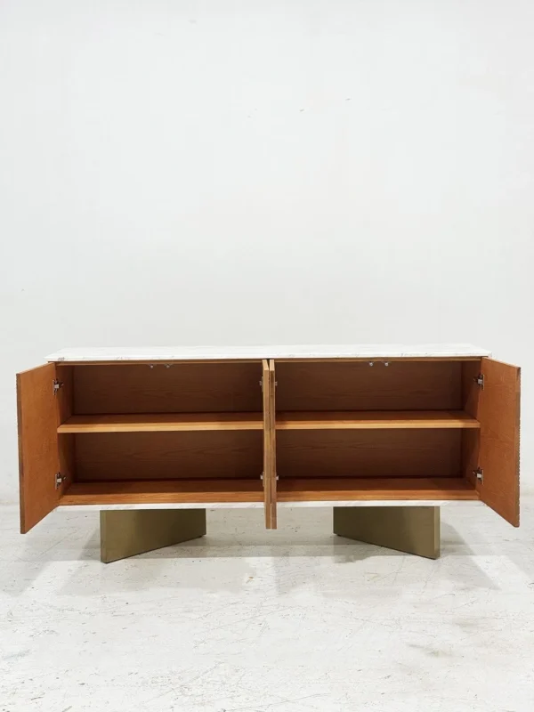 Tree-Ring Carved Sideboard with Marble Top on Brass Base in natural oak — in a room setting