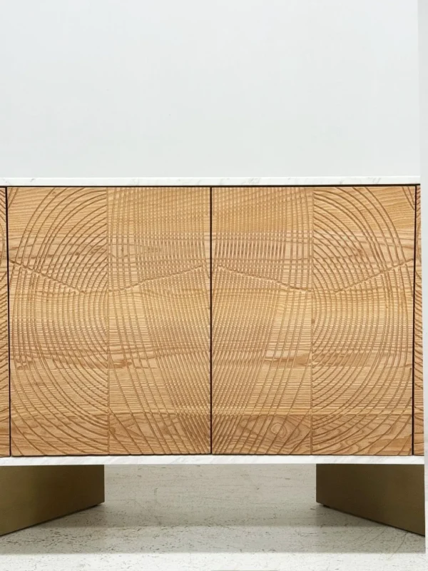 Tree-Ring Carved Sideboard with Marble Top on Brass Base in natural oak — detail