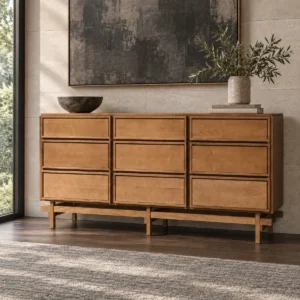 Nine-Drawer Solid Wood Sideboard on Open Frame Base — front view