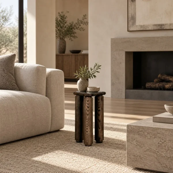 Triangular Ash Side Table with Marble Top, 33 cm in walnut — in a room setting