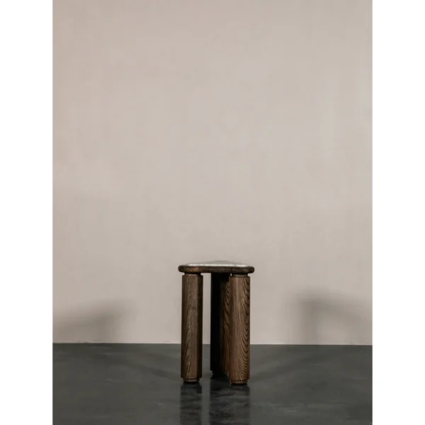 Triangular Ash Side Table with Marble Top, 33 cm in walnut — in a room setting