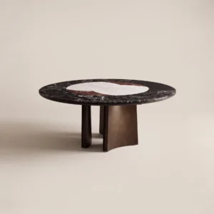 Tri-Colour Marble Round Table with Lazy Susan on Bronze Base in black — front view