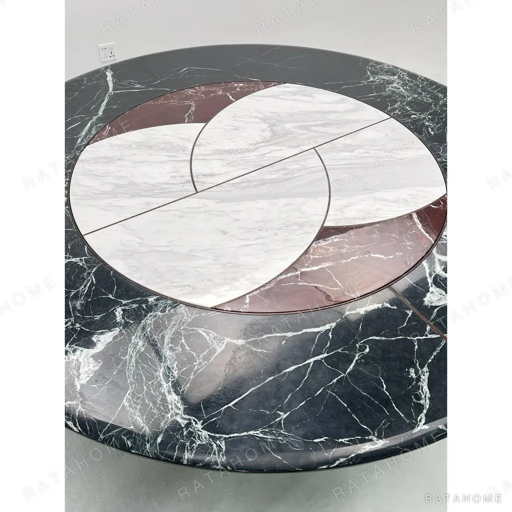 Tri-Colour Marble Round Table with Lazy Susan on Bronze Base in black — in a room setting