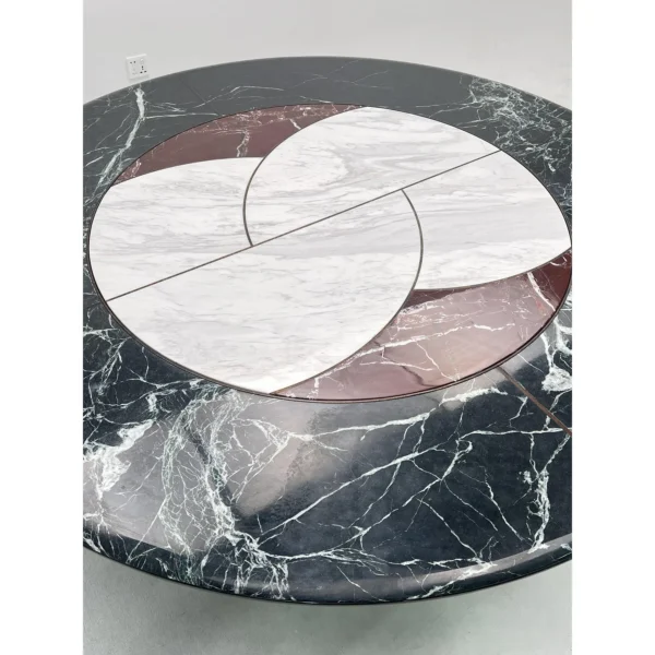 Tri-Colour Marble Round Table with Lazy Susan on Bronze Base in black — in a room setting