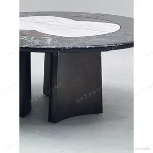 Tri-Colour Marble Round Table with Lazy Susan on Bronze Base in black — in a room setting