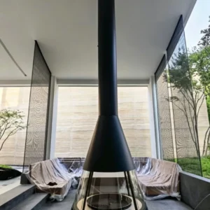 Trumpet Hood Floor-Standing Wood-Burning Fireplace in black — front view
