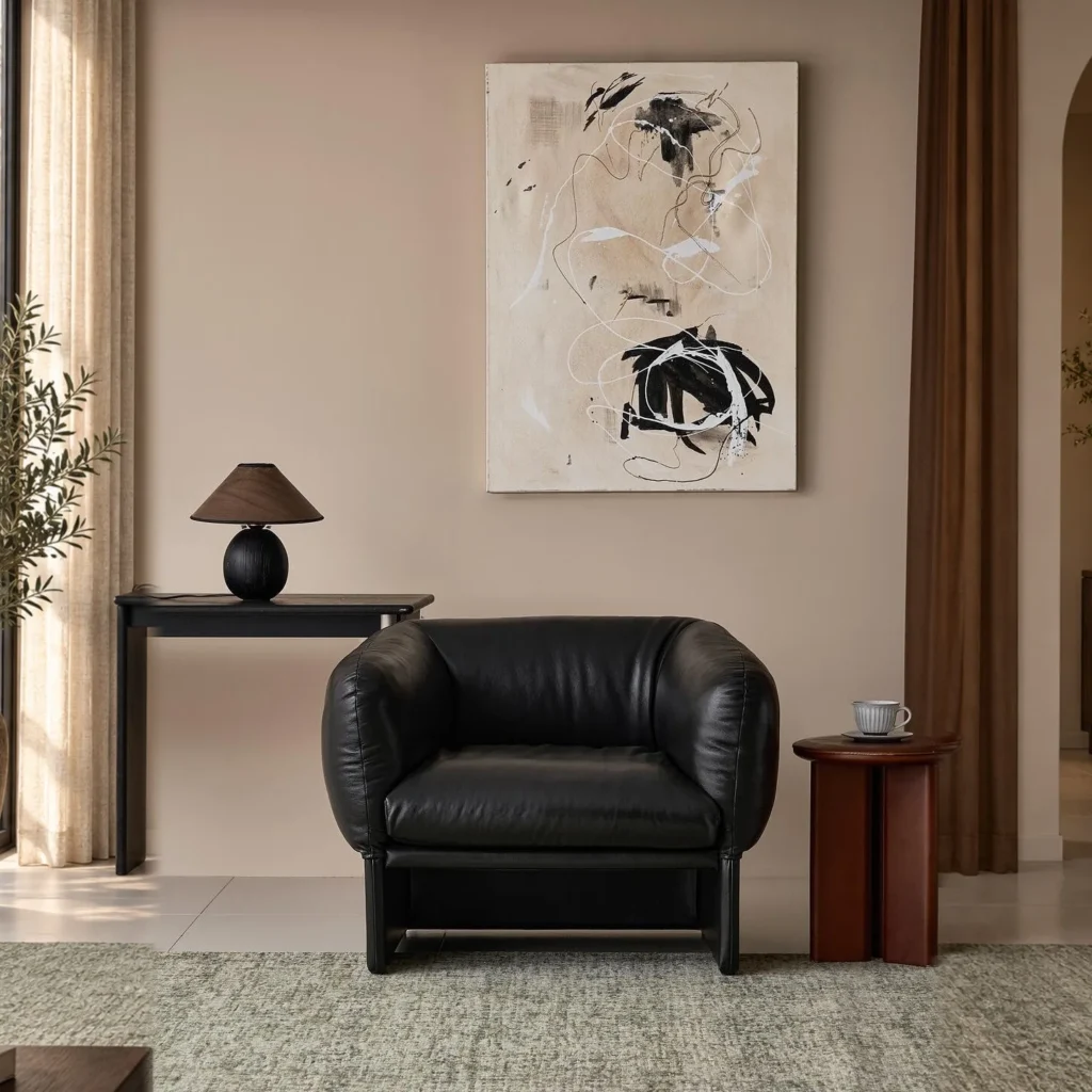 Tulip Black Leather Armchair with Goose Down Cushions in black — front view