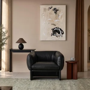Tulip Black Leather Armchair with Goose Down Cushions in black — front view