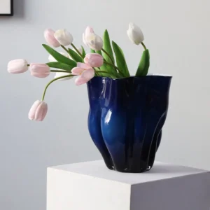 Deep Blue Ruffled Cabbage Glass Vase for Tulips, Three Sizes in blue — front view