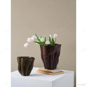 Deep Blue Ruffled Cabbage Glass Vase for Tulips, Three Sizes in blue — in a room setting