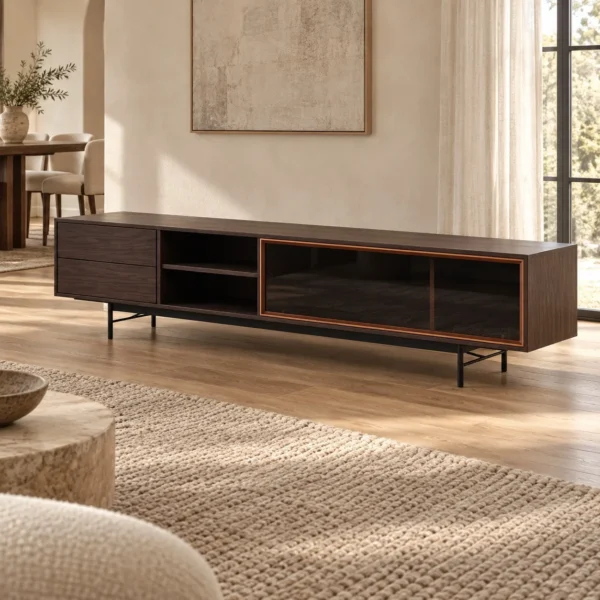 Dark Veneer TV Stand in black — in a room setting