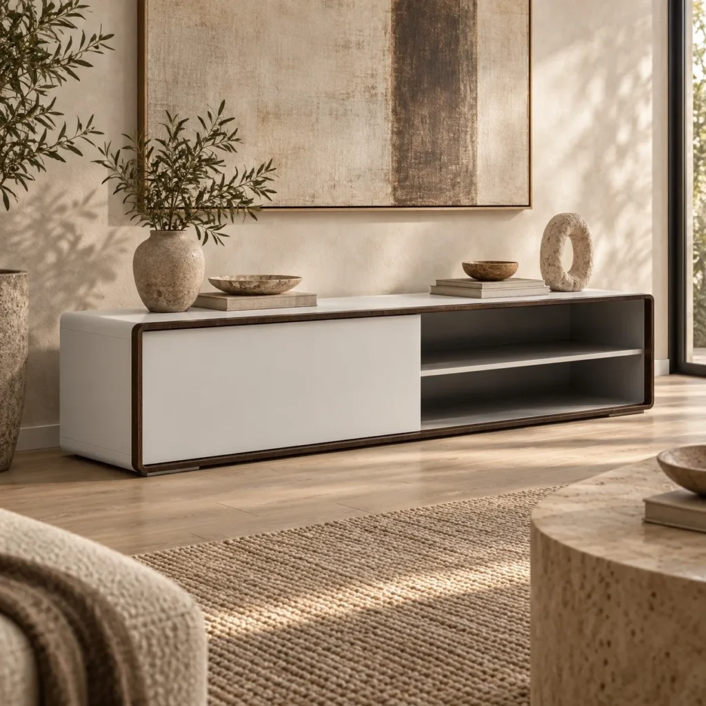 Low White and Walnut TV Cabinet with Open Shelves, 220 cm in ivory — front view