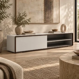 Low White and Walnut TV Cabinet with Open Shelves, 220 cm in ivory — front view