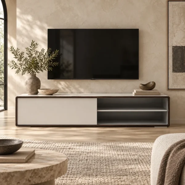 Low White and Walnut TV Cabinet with Open Shelves, 220 cm in ivory — in a room setting