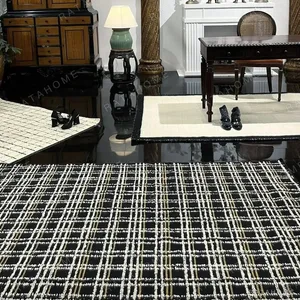 Tweed-Style Check Rug in Ivory and Black — in a room setting