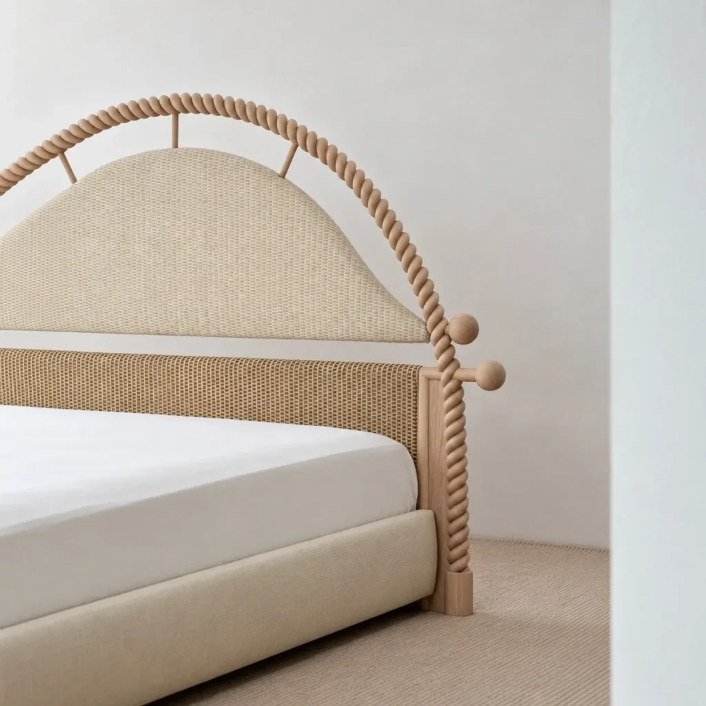 Twisted Rope Arch Headboard Bed in oatmeal — front view